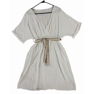Made‎ In Italy Linen Dress One Size White Wrap Style Short Sleeve Belted